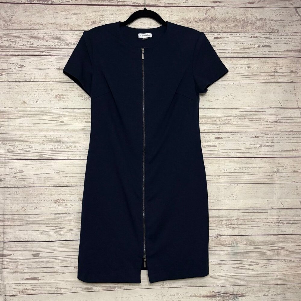 Calvin Klein navy Blue Zip Up Pencil Dress w Shoulder Pads Sz‎ 8